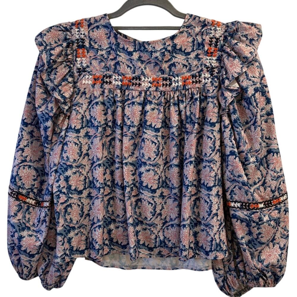 Ann Shop Korean Style Floral Boho Puff Sleeves Embroidered Trim